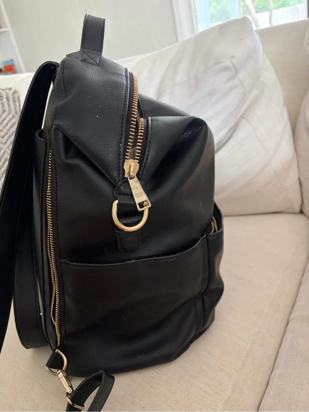 Mina Baie Black Leather Diaper Bag Backpack